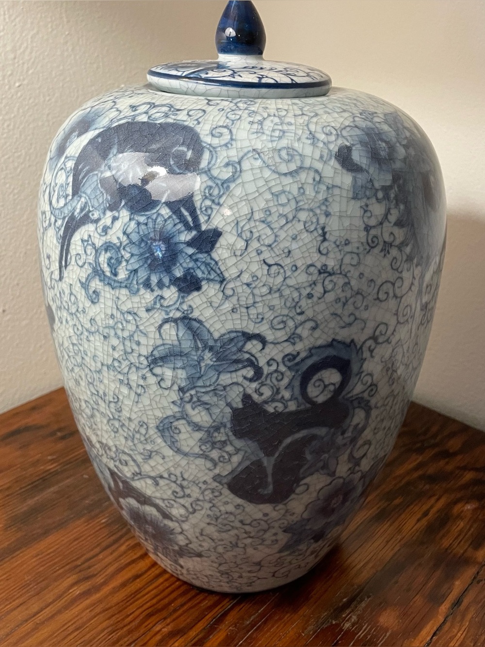 Blue and White Tiger Ginger Jar 13" Lidded Chinoiserie Porcelain Vase Unmarked